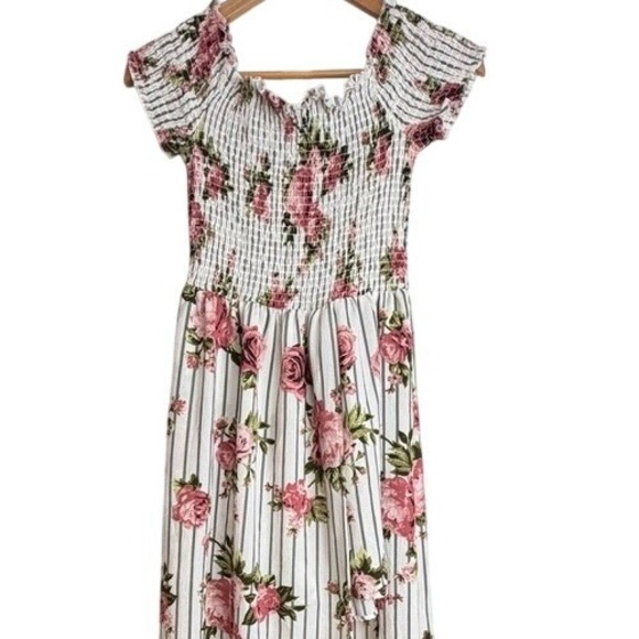 For Justice Romper Maxi Dress White Black Stripe Floral Smocked Off Shoulder L - Picture 2 of 12